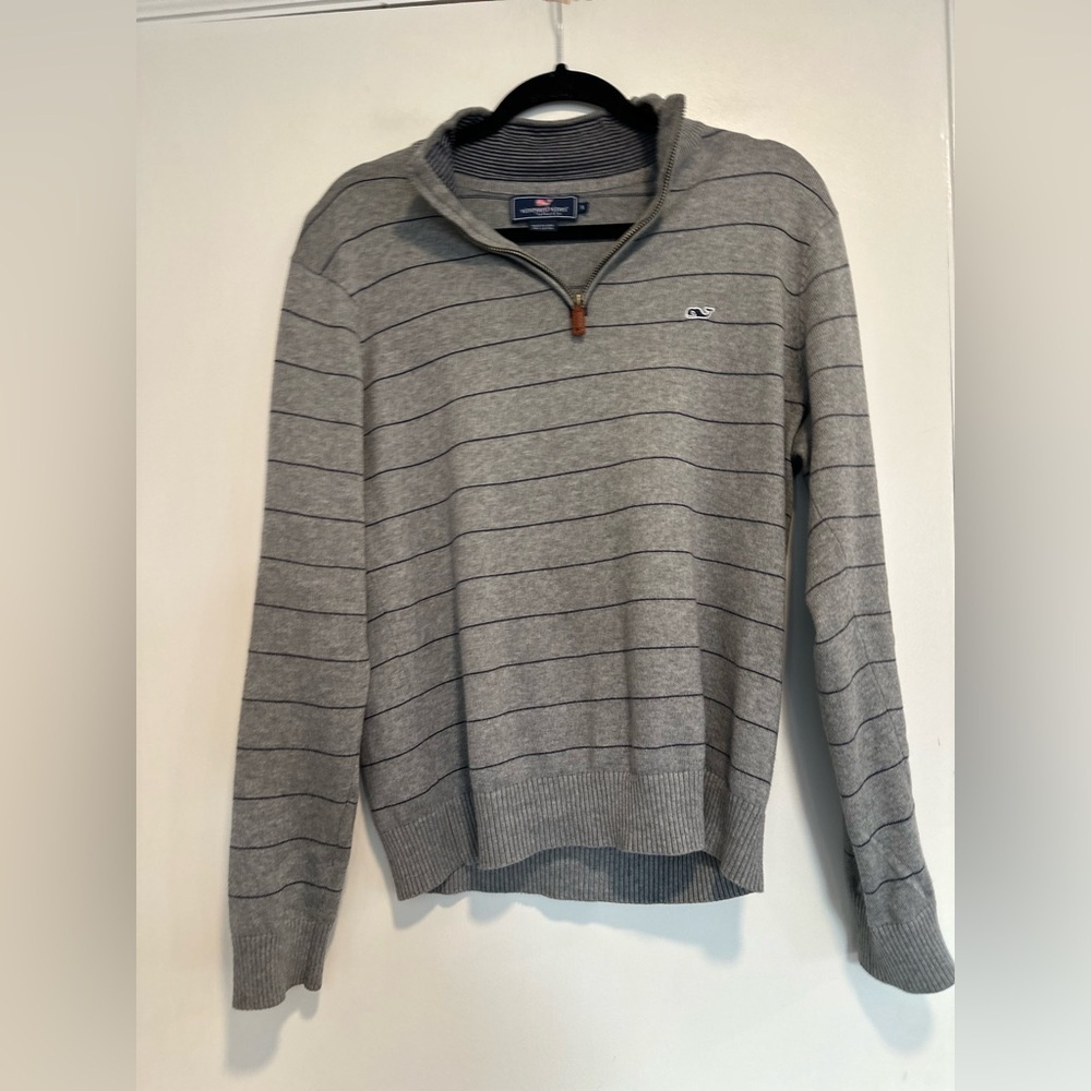 Vineyard Vines Mens Sz:S Gray Quarter Zip Navy Striped Whale Logo Preppy Sweater